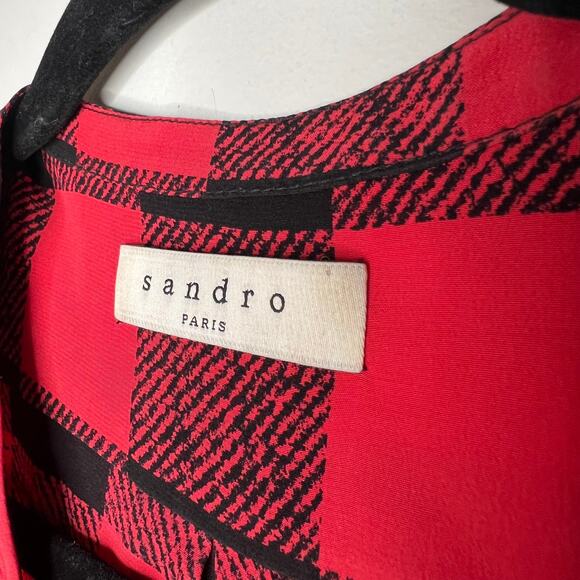 Sandro Red Buffalo Check Silk Tunic Top Size Medium - Picture 6 of 7